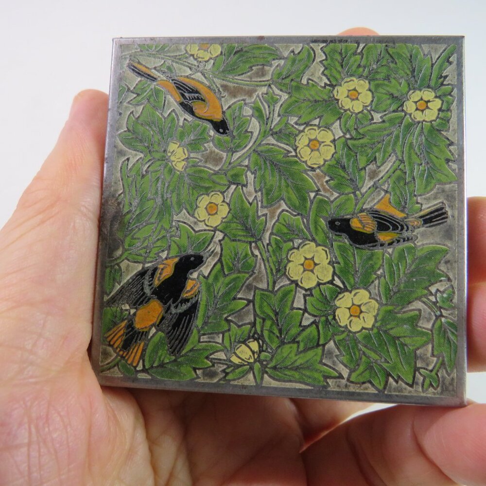 Vintage Enamel Cloisonné Bird METAL Make Up Compact ALL SIDES rare
